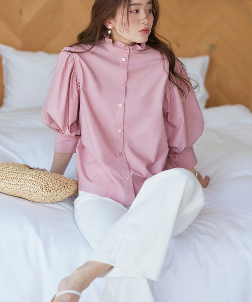 RUIRUE BOUTIQUE(ルイルエブティック)の「洗える | フリル スタンドカラー ・ オーバーブラウス | トップス・ブラウス・シャツ・半袖ブラウス・きれいめブラウス・オフィスカジュアルブラウス・フリルブラウス(シャツ/ブラウス・レディース・ブラック/イエロー/ネイビー/ホワイト/ピンク・L/M)」の11枚目の写真