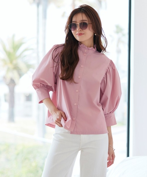 RUIRUE BOUTIQUE(ルイルエブティック)の「洗える | フリル スタンドカラー ・ オーバーブラウス | トップス・ブラウス・シャツ・半袖ブラウス・きれいめブラウス・オフィスカジュアルブラウス・フリルブラウス(シャツ/ブラウス・レディース・ブラック/イエロー/ネイビー/ホワイト/ピンク・L/M)」の13枚目の写真