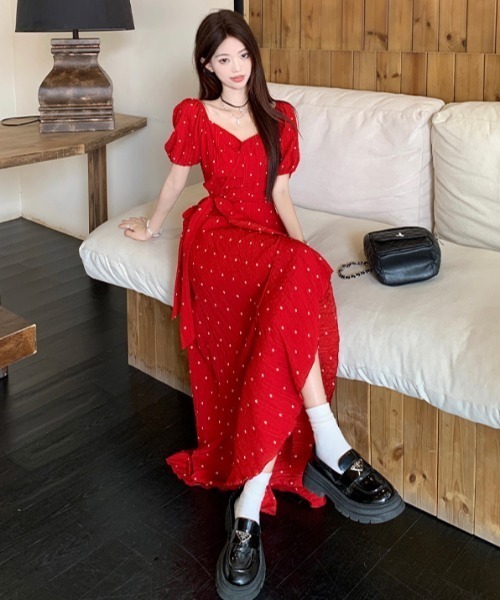 Aelina(エリナ)の「ドット柄フリルワンピース(ワンピース・レディース・ブラック系その他/ブラック/レッド・S/M/L)」の16枚目の写真