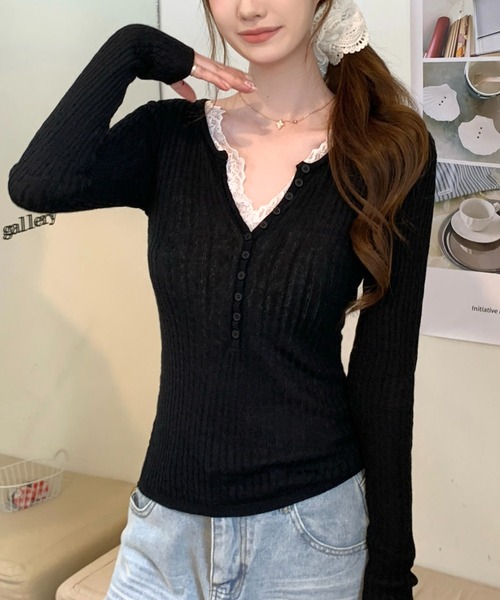 AMAJI(アマジ)の「レース切替 長袖ニットトップス(Tシャツ/カットソー・レディース・ホワイト/ライトピンク/ブラック・FREE)」の5枚目の写真