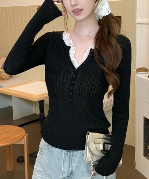 AMAJI(アマジ)の「レース切替 長袖ニットトップス(Tシャツ/カットソー・レディース・ホワイト/ライトピンク/ブラック・FREE)」の6枚目の写真