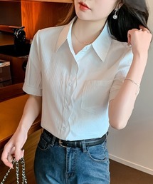 ストライプ半袖シャツ きれいめ フェミニン トップス