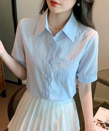 ストライプ半袖シャツ きれいめ フェミニン トップス
