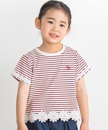 BeBe Petits Pois Vert | 【店舗限定】ボーダー花レースTシャツ(95~160cm)(Tシャツ/カットソー)