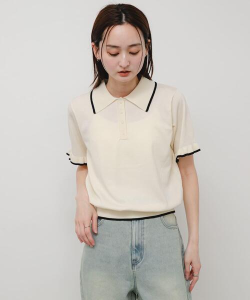 SENSE OF PLACE by URBAN RESEARCH（センスオブプレイスバイアーバンリサーチ）の「『洗濯可』フリルニットポロシャツ（ニット/セーター・レディース・ブラック/オフホワイト/ブラウン・ONE）」の4枚目の写真