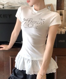 ラインストーンリボンデザイン裾レースTシャツ