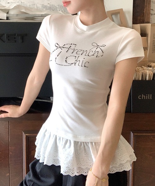 Riff(リフ)の「ラインストーンリボンデザイン裾レースTシャツ(Tシャツ/カットソー・レディース・ブラック/ホワイト・M)」の2枚目の写真