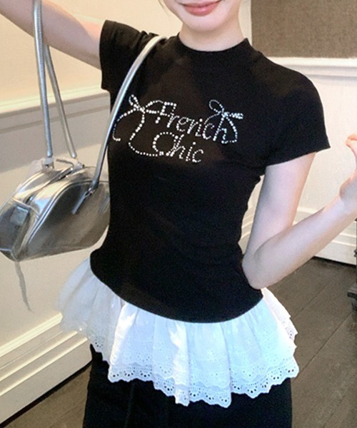 Riff(リフ)の「ラインストーンリボンデザイン裾レースTシャツ(Tシャツ/カットソー・レディース・ブラック/ホワイト・M)」の1枚目の写真