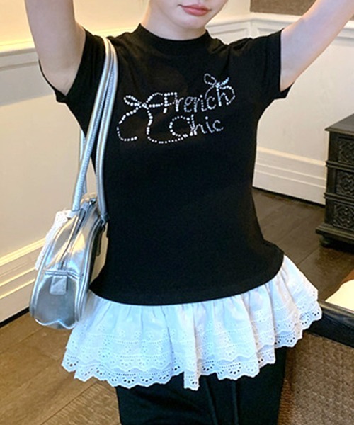 Riff(リフ)の「ラインストーンリボンデザイン裾レースTシャツ(Tシャツ/カットソー・レディース・ブラック/ホワイト・M)」の8枚目の写真