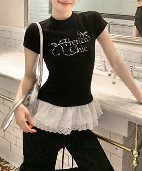 Riff(リフ)の「ラインストーンリボンデザイン裾レースTシャツ(Tシャツ/カットソー・レディース・ブラック/ホワイト・M)」の11枚目の写真