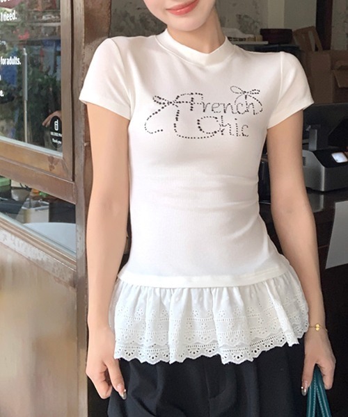 Riff(リフ)の「ラインストーンリボンデザイン裾レースTシャツ(Tシャツ/カットソー・レディース・ブラック/ホワイト・M)」の6枚目の写真