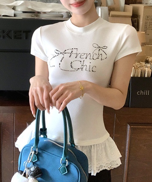 Riff(リフ)の「ラインストーンリボンデザイン裾レースTシャツ(Tシャツ/カットソー・レディース・ブラック/ホワイト・M)」の7枚目の写真