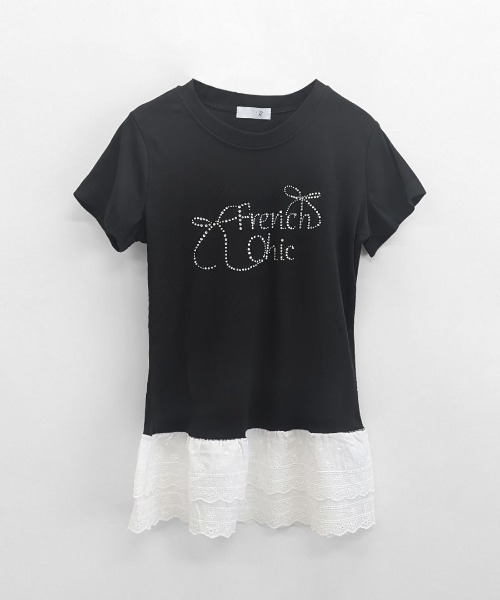 Riff(リフ)の「ラインストーンリボンデザイン裾レースTシャツ(Tシャツ/カットソー・レディース・ブラック/ホワイト・M)」の13枚目の写真