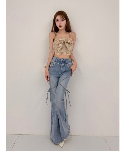 Darich(ダーリッチ)の「ビッグリボンツイード2wayトップス(キャミソール・レディース・ミント/ピンクベージュ/ブラック・FREE)」の7枚目の写真