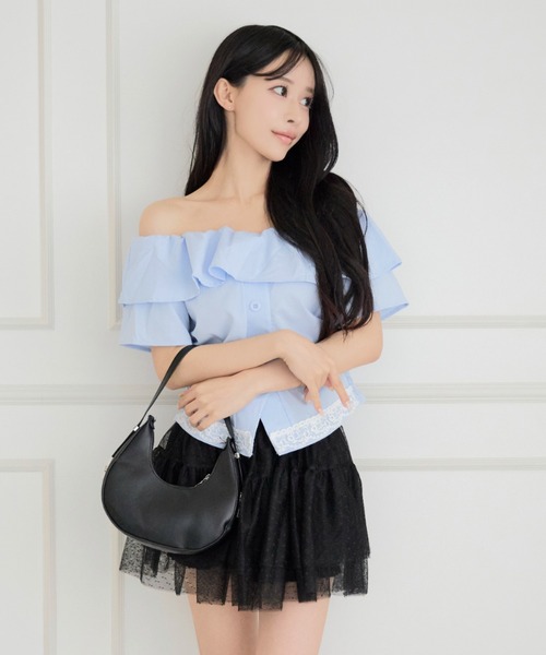 ALLuRing ChaRm(アリュリングチャーム)の「Off-shoulder Check Lace Top / オフショルダーチェックレーストップス(Tシャツ/カットソー・レディース・ホワイト/ライトブルー/ネイビー・FREE)」の3枚目の写真