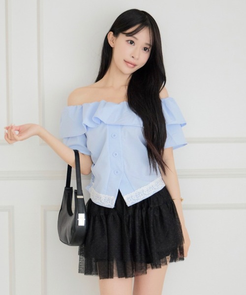 ALLuRing ChaRm(アリュリングチャーム)の「Off-shoulder Check Lace Top / オフショルダーチェックレーストップス(Tシャツ/カットソー・レディース・ホワイト/ライトブルー/ネイビー・FREE)」の21枚目の写真