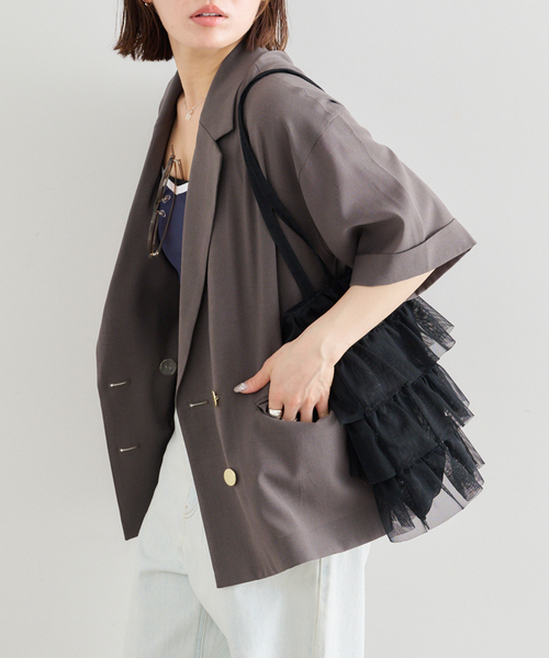 U by SPICK&SPAN（ユーバイスピックアンドスパン）の「《追加》ウォッシャブルリネンジャケット（テーラードジャケット・レディース・ブラウン/ベージュ・36/38）」の2枚目の写真