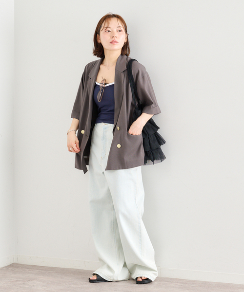 U by SPICK&SPAN（ユーバイスピックアンドスパン）の「《追加》ウォッシャブルリネンジャケット（テーラードジャケット・レディース・ブラウン/ベージュ・36/38）」の6枚目の写真