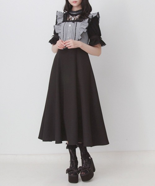DearMyLove（ディアマイラブ）の「レースアップフリルパールネックレスロングワンピース（ワンピース・レディース・ブラック/チェック/ホワイト・3L/LARGE/MEDIUM）」の3枚目の写真
