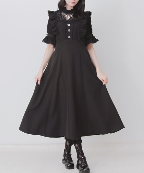 DearMyLove（ディアマイラブ）の「レースアップフリルパールネックレスロングワンピース（ワンピース・レディース・ブラック/チェック/ホワイト・3L/LARGE/MEDIUM）」の2枚目の写真
