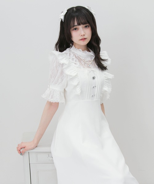 DearMyLove（ディアマイラブ）の「レースアップフリルパールネックレスロングワンピース（ワンピース・レディース・ブラック/チェック/ホワイト・3L/LARGE/MEDIUM）」の4枚目の写真