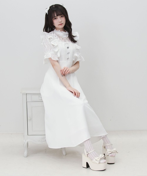 DearMyLove（ディアマイラブ）の「レースアップフリルパールネックレスロングワンピース（ワンピース・レディース・ブラック/チェック/ホワイト・3L/LARGE/MEDIUM）」の5枚目の写真
