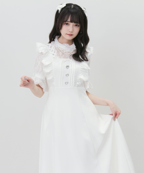 DearMyLove（ディアマイラブ）の「レースアップフリルパールネックレスロングワンピース（ワンピース・レディース・ブラック/チェック/ホワイト・3L/LARGE/MEDIUM）」の6枚目の写真