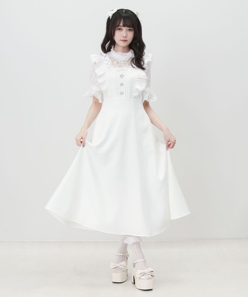 DearMyLove（ディアマイラブ）の「レースアップフリルパールネックレスロングワンピース（ワンピース・レディース・ブラック/チェック/ホワイト・3L/LARGE/MEDIUM）」の7枚目の写真
