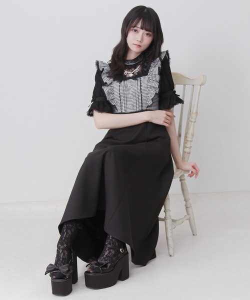 DearMyLove（ディアマイラブ）の「レースアップフリルパールネックレスロングワンピース（ワンピース・レディース・ブラック/チェック/ホワイト・3L/LARGE/MEDIUM）」の12枚目の写真