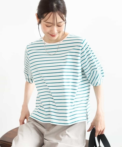 MK MICHEL KLEIN（エムケーミッシェルクラン）の「[接触冷感/洗える]ランタンスリーブボーダーカットソー（Tシャツ/カットソー・レディース・ネイビー/グリーン・38）」の2枚目の写真