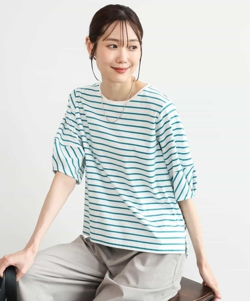 MK MICHEL KLEIN（エムケーミッシェルクラン）の「[接触冷感/洗える]ランタンスリーブボーダーカットソー（Tシャツ/カットソー・レディース・ネイビー/グリーン・38）」の14枚目の写真