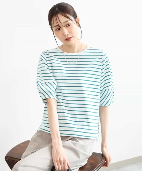MK MICHEL KLEIN（エムケーミッシェルクラン）の「[接触冷感/洗える]ランタンスリーブボーダーカットソー（Tシャツ/カットソー・レディース・ネイビー/グリーン・38）」の15枚目の写真