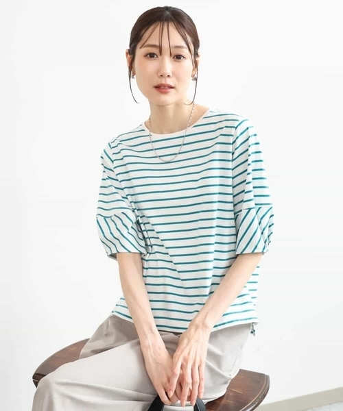 MK MICHEL KLEIN（エムケーミッシェルクラン）の「[接触冷感/洗える]ランタンスリーブボーダーカットソー（Tシャツ/カットソー・レディース・ネイビー/グリーン・38）」の16枚目の写真