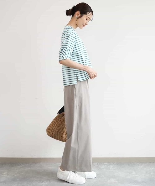 MK MICHEL KLEIN（エムケーミッシェルクラン）の「[接触冷感/洗える]ランタンスリーブボーダーカットソー（Tシャツ/カットソー・レディース・ネイビー/グリーン・38）」の18枚目の写真