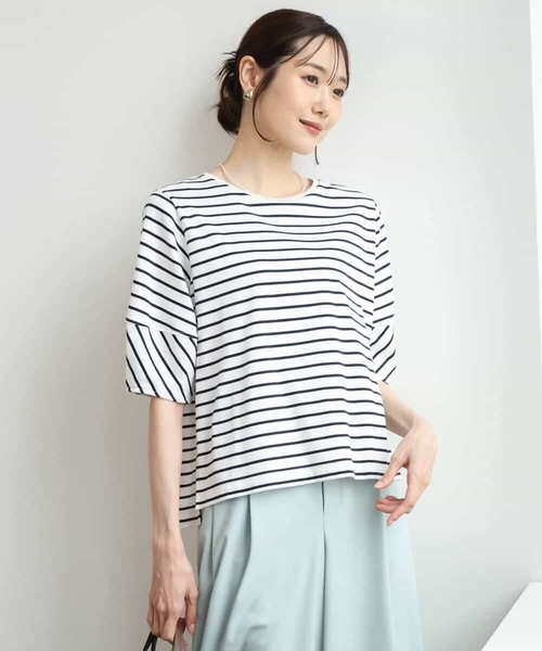 MK MICHEL KLEIN（エムケーミッシェルクラン）の「[接触冷感/洗える]ランタンスリーブボーダーカットソー（Tシャツ/カットソー・レディース・ネイビー/グリーン・38）」の20枚目の写真