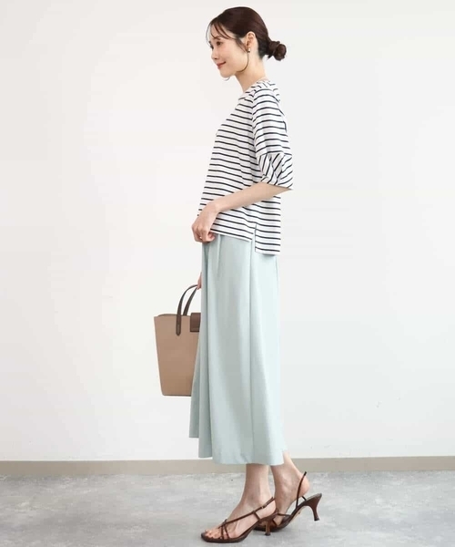 MK MICHEL KLEIN（エムケーミッシェルクラン）の「[接触冷感/洗える]ランタンスリーブボーダーカットソー（Tシャツ/カットソー・レディース・ネイビー/グリーン・38）」の4枚目の写真