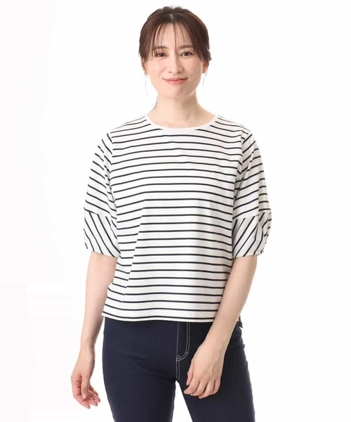 MK MICHEL KLEIN（エムケーミッシェルクラン）の「[接触冷感/洗える]ランタンスリーブボーダーカットソー（Tシャツ/カットソー・レディース・ネイビー/グリーン・38）」の5枚目の写真