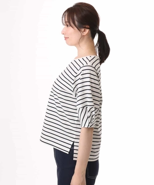 MK MICHEL KLEIN（エムケーミッシェルクラン）の「[接触冷感/洗える]ランタンスリーブボーダーカットソー（Tシャツ/カットソー・レディース・ネイビー/グリーン・38）」の6枚目の写真