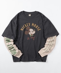 【71】【Disney/ディズニー】ミッキーマウス フェイクレイヤード ユーズド加工 プリントクルーネック ロングスリーブTシャツ/ロンT/ヴィンテージ風/ユニセックス/レディース/メンズ