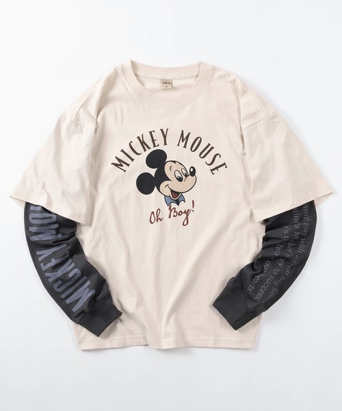 Disney(ディズニー)の「【71】【Disney/ディズニー】ミッキーマウス フェイクレイヤード ユーズド加工 プリントクルーネック ロングスリーブTシャツ/ロンT/ヴィンテージ風/ユニセックス/レディース/メンズ(Tシャツ/カットソー・レディース・ブラック/アイボリー系/ブラック系/アイボリー・M/L/XL)」の1枚目の写真