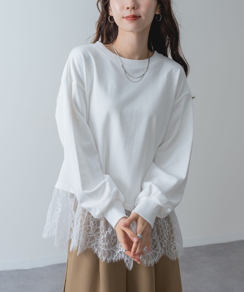 SABUROKU(サブロク)の「【SABUROKU】 裾レース で 華やぐ 裏毛 ペプラム プルオーバー(Tシャツ/カットソー・レディース・チャコールグレー/ホワイト/カーキ・M/L)」の8枚目の写真