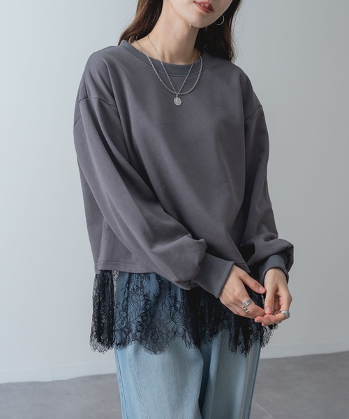 SABUROKU(サブロク)の「【SABUROKU】 裾レース で 華やぐ 裏毛 ペプラム プルオーバー(Tシャツ/カットソー・レディース・チャコールグレー/ホワイト/カーキ・M/L)」の4枚目の写真