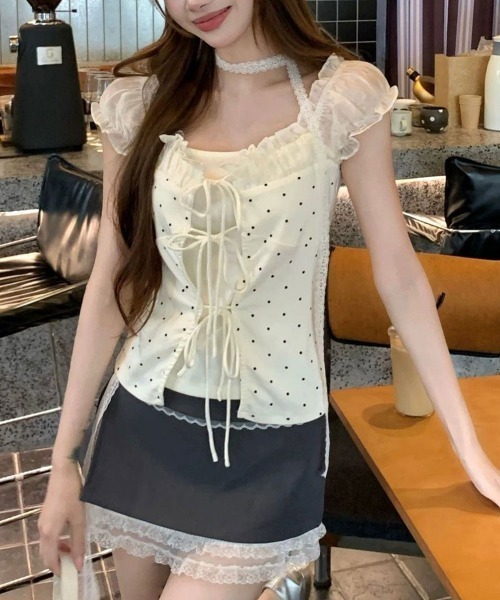 Emilie(エミリー)の「ドット柄 レイヤード風 リボン 半袖トップス チョーカー付き(Tシャツ/カットソー・レディース・アイボリー・FREE)」の7枚目の写真