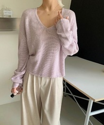Vネックルーズニット ショートニット ドロップショルダー vネック ニット シンプル ルーズニット トップス 長袖 Vネックニット ショート丈 レイヤード 重ね着 袖長め