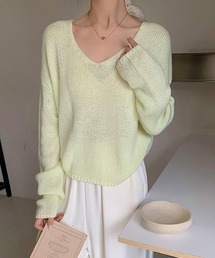 Vネックルーズニット ショートニット ドロップショルダー vネック ニット シンプル ルーズニット トップス 長袖 Vネックニット ショート丈 レイヤード 重ね着 袖長め