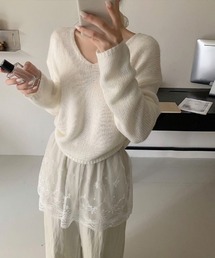 Vネックルーズニット ショートニット ドロップショルダー vネック ニット シンプル ルーズニット トップス 長袖 Vネックニット ショート丈 レイヤード 重ね着 袖長め