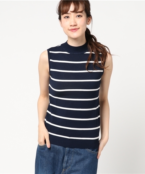 KOBE LETTUCE（コウベレタス）の「ノースリーブハイネックサマーニットトップス（ニット/セーター・レディース・ホワイト×ネイビー/ベージュ/ラベンダー/ピンク/ホワイト×ブラック/ブラック/サックスブルー/オフホワイト/ブルー/イエロー/ブラウン/ボルドー/カーキ/レッド/グリーン/ネイビー/グレー系・FREE/S/M）」の4枚目の写真