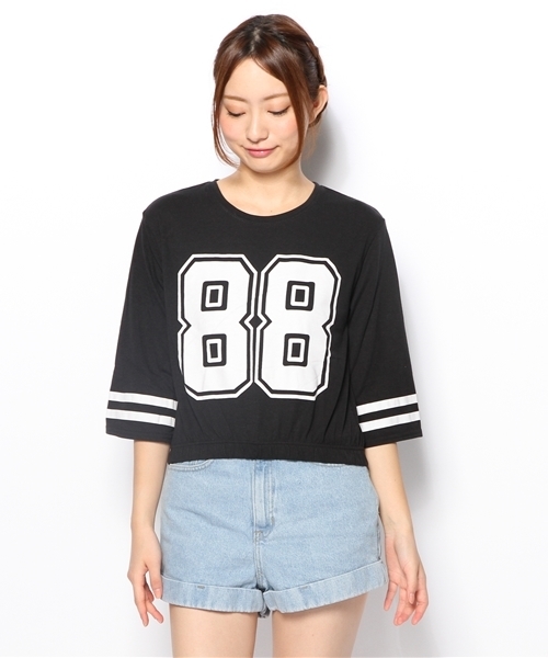 WEGO(ウィゴー)の「WEGO/ギャザーナンバリングTee(7)(Tシャツ/カットソー・レディース・ブラック/ホワイト/ネイビー・FREE)」の4枚目の写真