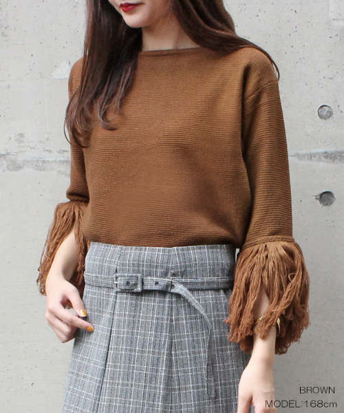 RANDA（ランダ）の「フリンジスリーブニット（ニット/セーター・レディース・ブラウン/クリーム/ワイン・FREE）」の2枚目の写真