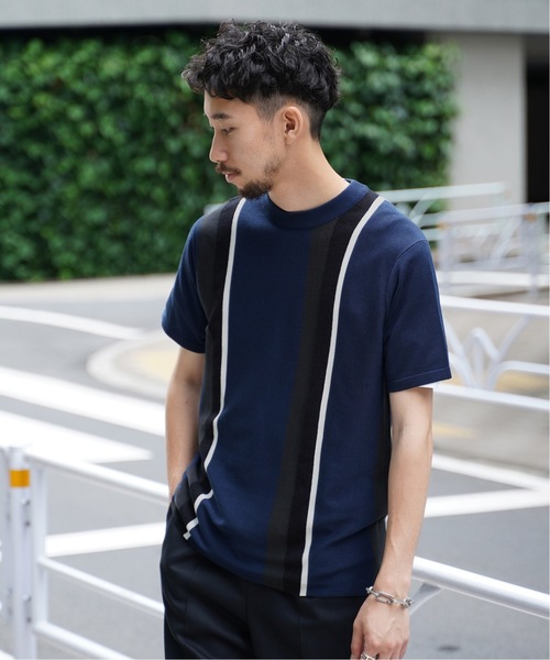 EDIFICE（エディフィス）の「LILY UT ストライプニットカットソー（Tシャツ/カットソー・メンズ・ベージュ/ネイビー・SMALL/MEDIUM/LARGE）」の2枚目の写真